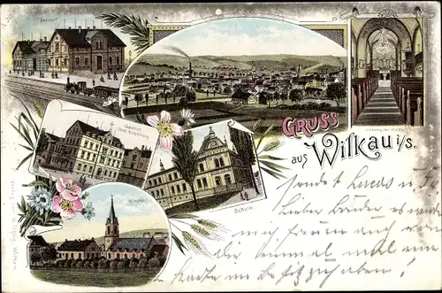 Litho Wilkau Haßlau in Sachsen, Blick auf den Ort, Kirche, Gasthof, Bahnhof