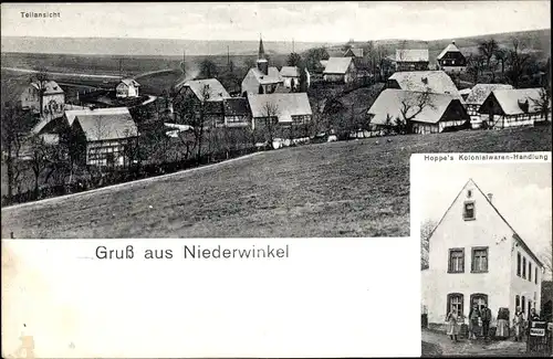 Ak Niederwinkel Waldenburg in Sachsen, Hoppe's Kolonialwarenhandlung, Blick auf den Ort