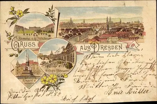 Vorläufer Litho Dresden Neustadt, Altmarkt mit Germania, Blick vom Neustädter Turm, Elberttasse,1893