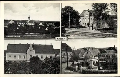 Ak Schrebitz Nossen in Sachsen, Bahnhof, Gleisseite, Ehrenmal, Schule, Totalansicht