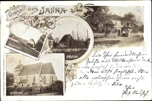 Ak Jahna Ostrau in Sachsen, Schule, Pfarre, Gasthof, Kirche