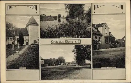 Ak Elsnig Sachsen, Kaufhaus Otto Zesche, Dorfstraße, Kirche