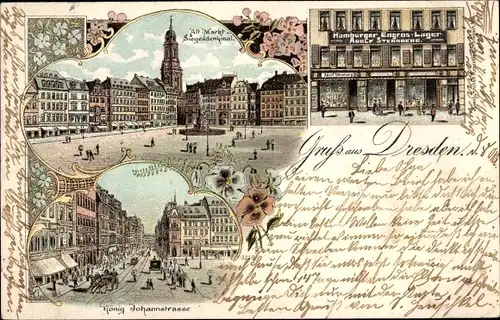 Litho Dresden Zentrum Altstadt, König Johann Str., Altmarkt, Kreuzkirche, Siegesdenkmal, Geschäft