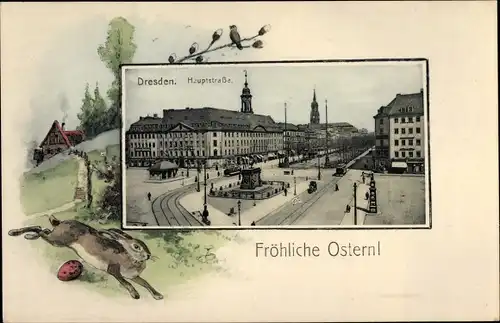 Passepartout Ak Dresden, Glückwunsch Ostern, Hauptstraße, Denkmal, Osterhase