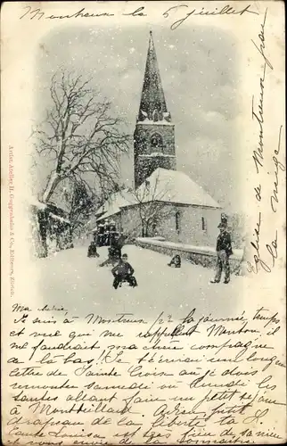 Ak Montreux Kanton Waadt Schweiz, Blick auf die Kirche, Kinder beim Schlittenfahren