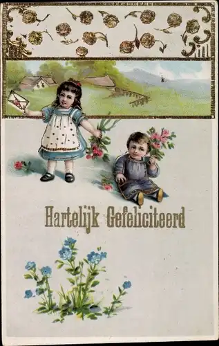 Präge Litho Glückwunsch Geburtstag, Junge und Mädchen mit Blumen und Brief