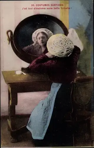 Ak Costumes Sarthois, Frau in Tracht vorm Spiegel