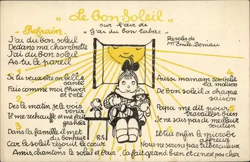 Lied Ak Le Bon Soleil von Emile Deniau, Mädchen mit Puppe, Sonne