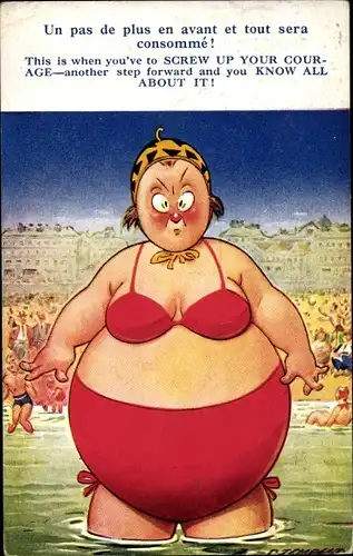 Künstler Ak Übergewichtige Frau im roten Badeanzug, Strand