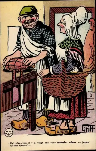 Künstler Ak Griff, Ehepaar zu Hause, Frau mit Korb, Schinken, Metzger