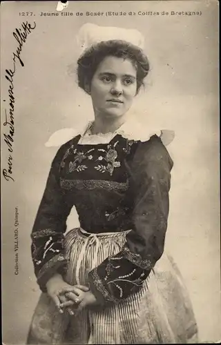 Ak Bretagne, Jeune Fille de Scaer, Frau in bretonischer Tracht, Etude de Coiffes