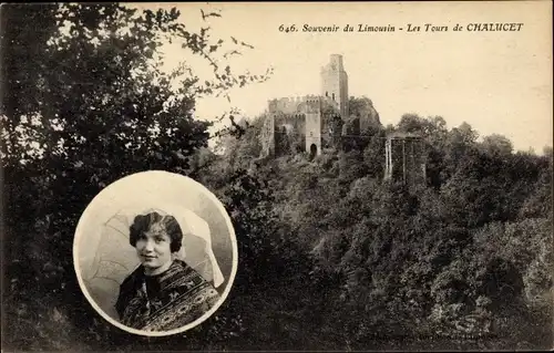 Ak Saint Jean Ligoure Haute Vienne, Chateau de Chalucet, Frau in Tracht