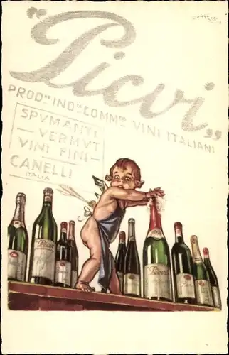 Künstler Ak Reklame, Picui, Spumanti, Vermut, Vini Fini, Pugnis et Coppo, Sektflasche, Engel