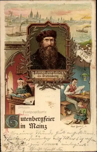 Künstler Litho Mainz in Rheinland Pfalz, 500 jährige Gutenbergfeier 1900, Buchdrucker