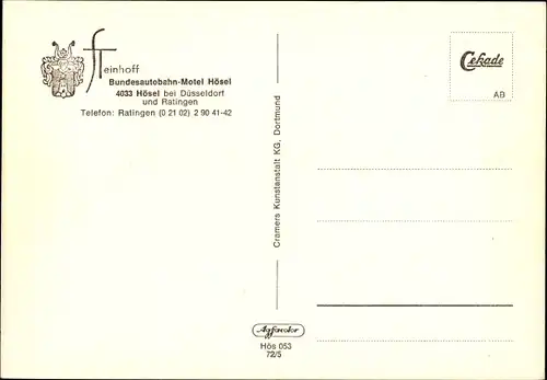 Ak Hösel Ratingen Nordrhein Westfalen, Bundesautobahn Motel Steinhoff