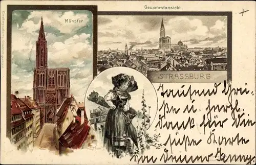 Litho Strasbourg Straßburg Elsass Bas Rhin, Münster, Panorama, Elsässerin