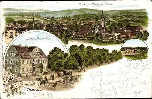 Litho Tambach Dietharz in Thüringen, Hotel zum Falkenstein, Blick auf den Ort