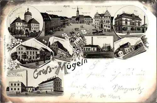 Litho Mügeln in Sachsen, Post, Markt, Bahnhof, Gasanstalt, Amtsgericht, Schützenhaus