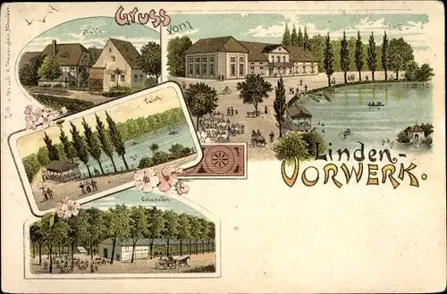 Litho Lindenvorwerk Kohren Sahlis in Sachsen, Mühle, Teich, Kolonnaden