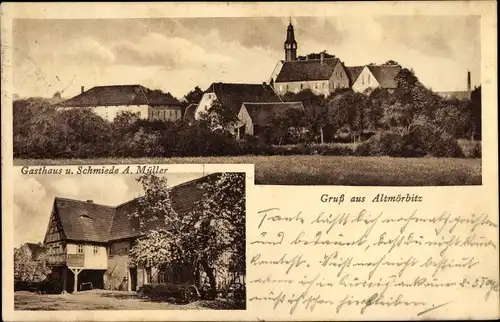 Ak Altmörbitz Frohburg in Sachsen, Gasthaus und Schmiede, Totalansicht