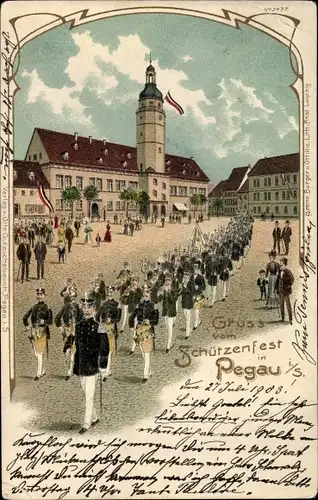 Litho Pegau in Sachsen, Schützenfest, Rathaus