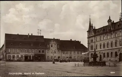 Ak Frohburg in Sachsen, Markt mit Postamt, Roter Hirsch