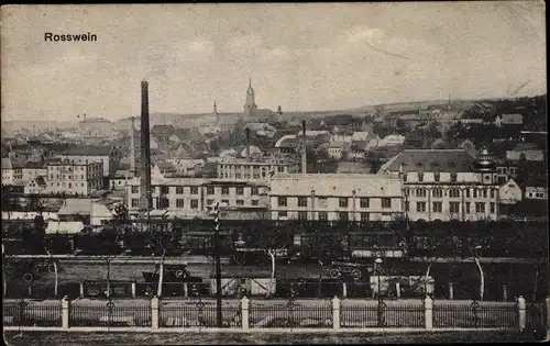 Ak Roßwein in Sachsen, Stadt, Bahnhof, Lokomotive, Waggons