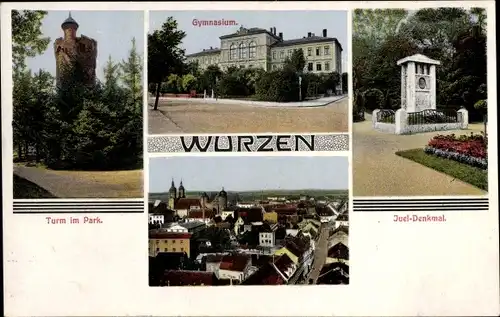 Ak Wurzen in Sachsen, Turm im Park, Juel Denkmal, Gymnasium, Stadtbild