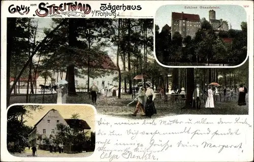 Litho Gnandstein Kohren Sahlis in Sachsen, Schloss, Jägerhaus Streitwald, Gäste im Garten