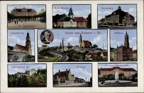 Ak Kamenz in Sachsen, Ev. Volksschule, Kath. Kirche, Realschule, Hauptkirche, Kaserne, Lessing