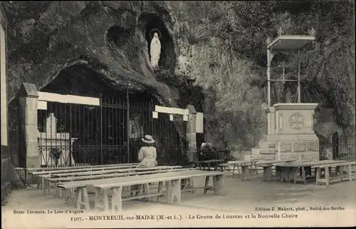 Ak Montreuil sur Maine Maine-et-Loire, La Grotte de Lourde et la Nouvelle Chaire