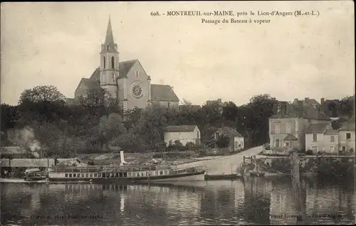 Ak Montreuil sur Maine Maine-et-Loire, Passage du Bateau a vapeur