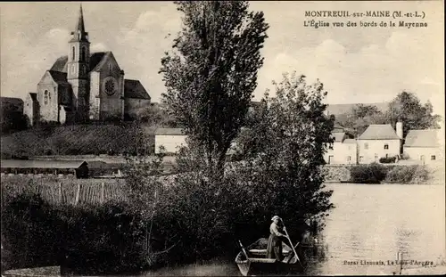 Ak Montreuil sur Maine Maine-et-Loire, L'Eglise vue des bords de la Mayenne