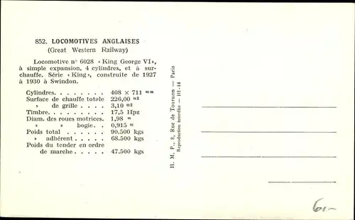 Ak Britische Eisenbahn, Great Western Railway, locomotive King George VI, Tender 6028, Dampflok