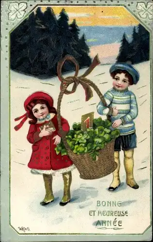 Künstler Ak Glückwunsch Neujahr, Kinder, Korb, Schleife, Kalender, Glücksklee