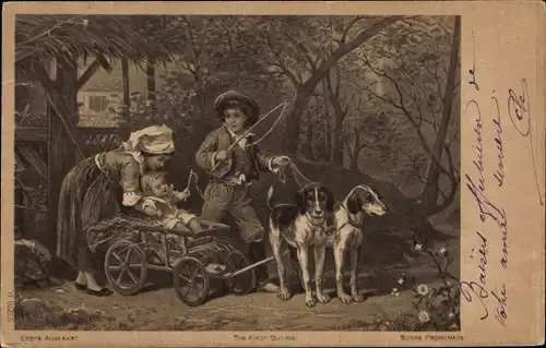 Ak Erstes Ausfahrt des Kindes, Familienbild, Wagen, Hunde