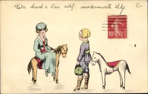 Ak Zwei Reiterinnen beim Quatschen, Freundinnen, Spielzeugpferde
