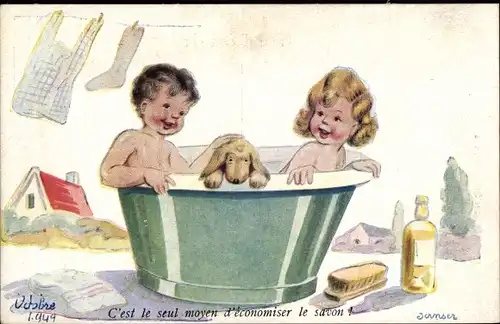 Künstler Ak Janser, Kinder baden mit Hund, C'est le seul moyen d'economiser le savon