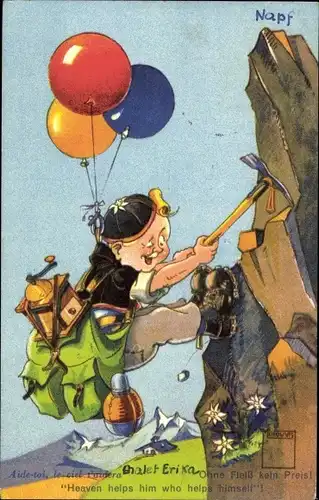 Ak Ohne Fleiß keil Preis, Junge mit Spitzhacke, Ballons, Rucksack, Kaffeemühle