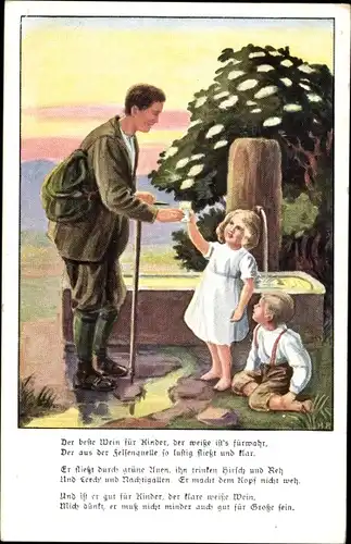Künstler Ak Kinder begegnen einem Mann, Brunnen, Der beste Wein für Kinder....