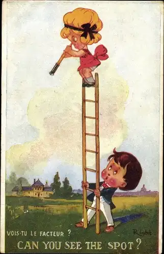 Künstler Ak Right, Kinder, Leiter, Fernohr, Can you see the Spot?