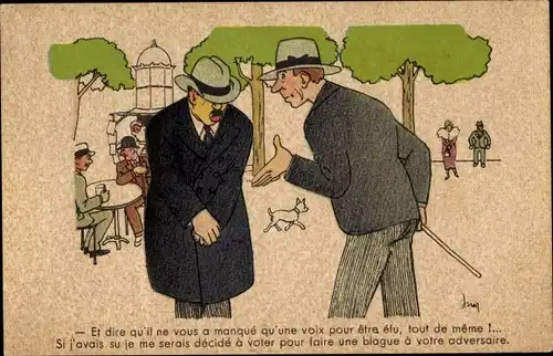 Künstler Ak Zwei Männer quatschen im Park, Hund, Tisch, Bäume