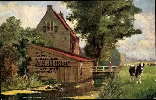 Künstler Ak Sluit uw Levensverzekering du Victoria, Keizergr. 126, Amsterdam, Dorfpartie, Kuh