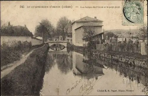 Ak Saint Symphorien d'Ozon Isere, Les berges de l'Ozon et le petit pont