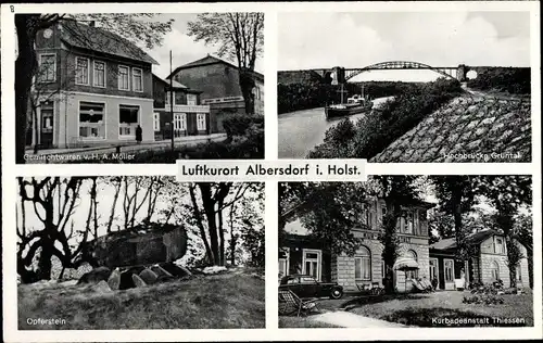 Ak Albersdorf in Dithmarschen, Geschäft v. H. A. Möller, Hochbrücke Grüntal, Kurbadeanstalt Thiessen