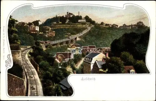 Litho Dresden Loschwitz, Blick zur Drahtseilbahn, Häuser