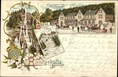 Litho Oker Goslar, Hotel Romkerhalle, Bes. Th. Hulsch, Wasserfall im Sommer und im Winter