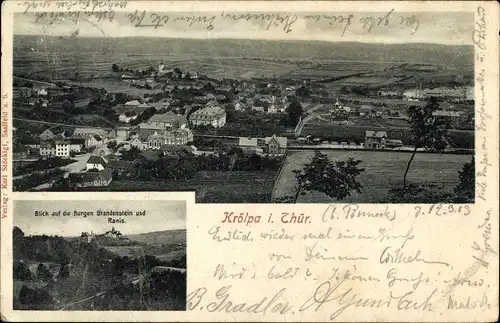 Ak Krölpa in Thüringen, Gesamtansicht, Blick auf die Burgen Brandenstein und Ranis