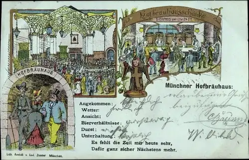 Litho München Bayern, Hofbräuhaus, Kindl