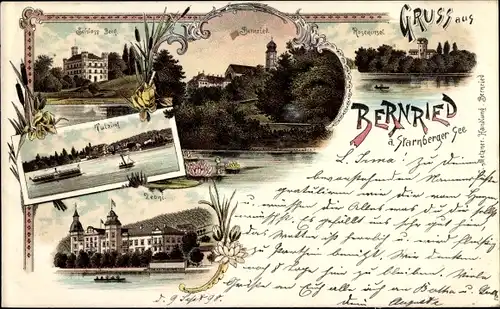 Litho Bernried am Starnberger See, Schloss Berg, Roseninsel, Leoni, Tutzing